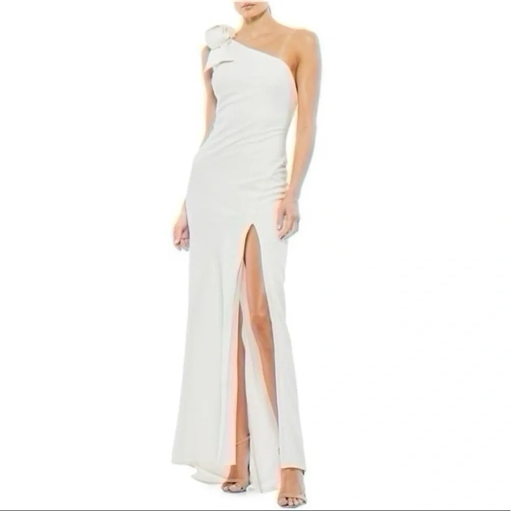 NEW Mac Duggal Women’s Leena White Bow-Shoulder Jersey Sheath Gown - Picture 14 of 16